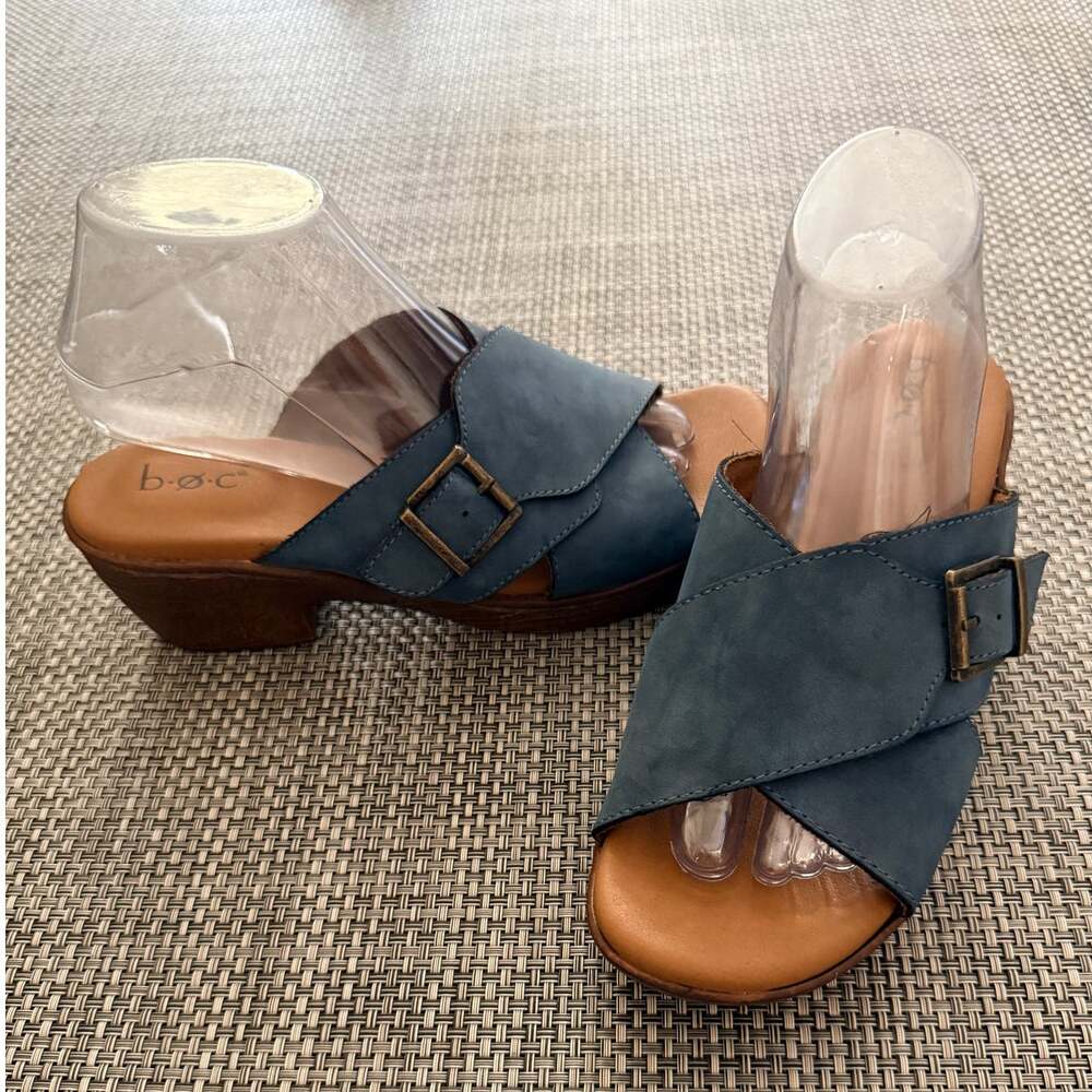 BORN Comfort Clog Open Toe Wedge Slide Adjustable Sandals Denim Bue Sz 8 Boho